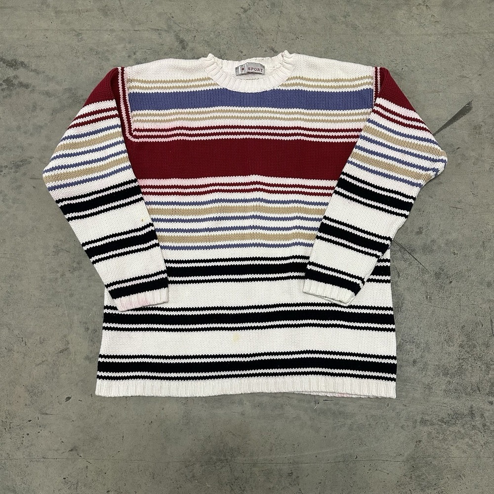 LT Sport Vintage Cotton Stripe Multicolor Knit Sweater Size Large Retro